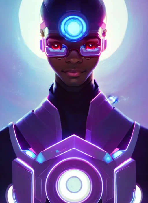 Image similar to symmetry portrait of baptiste from overwatch, sci - fi, tech wear, glowing lights intricate, elegant, highly detailed, digital painting, artstation, concept art, smooth, sharp focus, illustration, art by artgerm and greg rutkowski and alphonse mucha