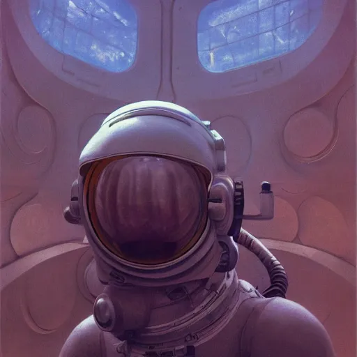 Image similar to detailed character concept art portrait of an astronaut floating in an empty chamber, artstation, award - winning realistic sci - fi concept art by zdzisław beksinski and greg rutkowski, jim burns, a realism masterpiece, james gilleard, bruegel, alphonse mucha, and yoshitaka amano