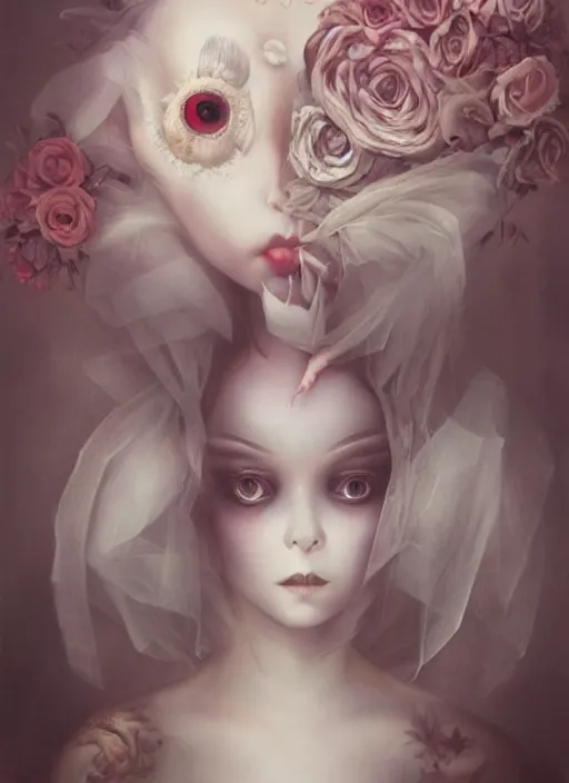 Image similar to pop surrealism, lowbrow art, realistic cute bride ghost girl painting, japanese street fashion, hyper realism, muted colours, rococo, natalie shau, loreta lux, tom bagshaw, mark ryden, trevor brown style,