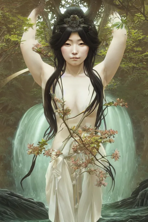 Image similar to Japanese goddess of nature, accurate anatomy, only two hands, highly detailed, digital painting, artstation, concept art, smooth, sharp focus, illustration, Unreal Engine 5, 8K, art by Ross Tran and greg rutkowski and alphonse Mucha