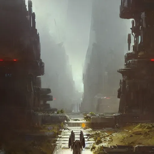 Image similar to star wars concept art by greg rutkowski, an urban landscape of buildings of ancient architecture, but huge and imposing in the middle of a temperate jungle, cinematic lighting, dawn light, nostalgic atmosphere.