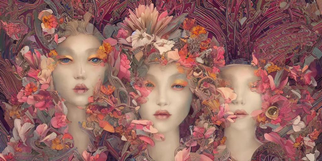 Image similar to breathtaking detailed concept art painting kaleidoscope art deco pattern of blonde faces goddesses amalmation flowers, by hsiao - ron cheng, bizarre compositions, exquisite detail, extremely moody lighting, 8 k