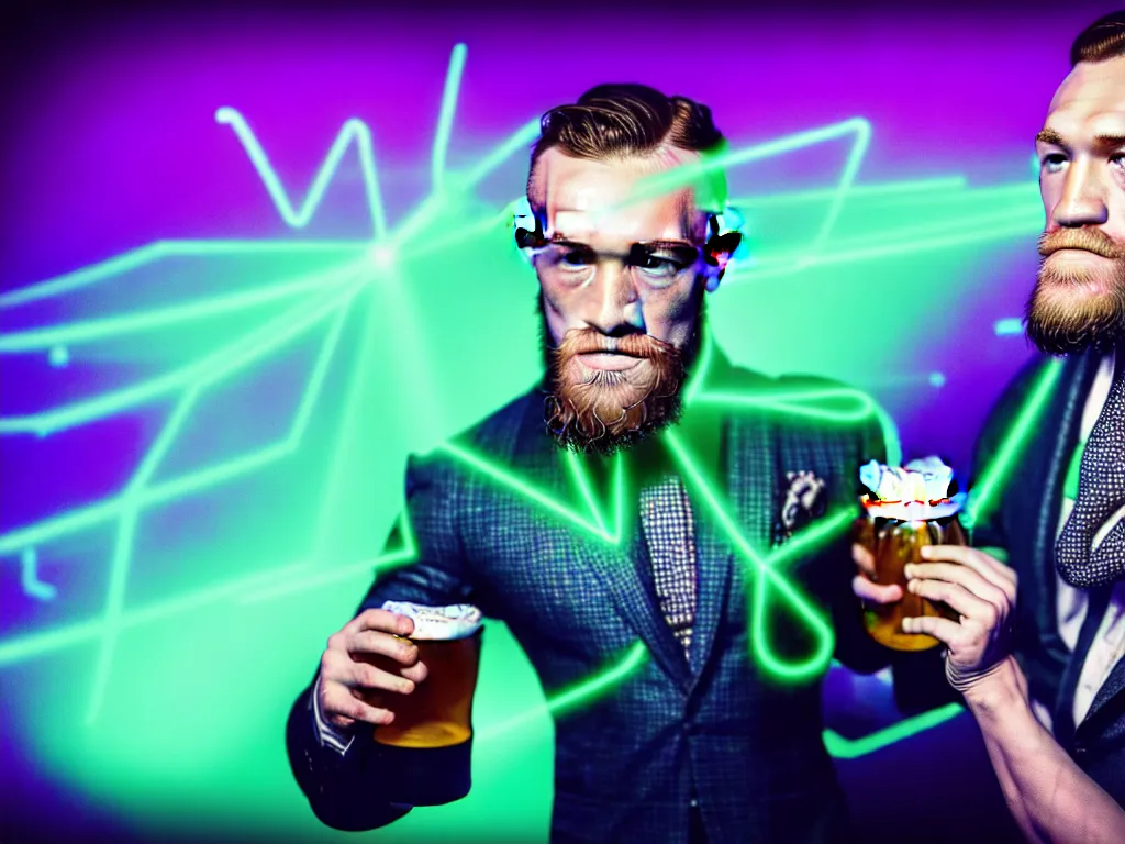 Image similar to a well framed portrait of conor mcgregor drinking a beer in an irish pub with a neon bar, laser show with blue cloud patterns, trending on art station, in the style of the movie heat with al pacino, volumetric lighting & shadows, digital art, unreal engine, 4 0 0 mm f 1. 2,