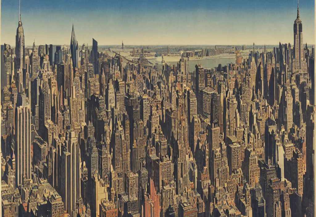 Image similar to Modern New York, high contrast, Ludek Pesek, Rick Guidice, Chesley Bonestell, Lucien Rudaux, Rolf Klep, Fred Freeman, George Pal