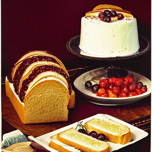 Image similar to sliced frosted sandwich loaf with olives and cream cheese on an ornate golden platter, dinner party display, high resolution magazine scan, seventies era