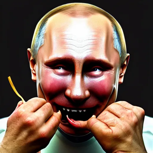 Prompt: happy putin eats dumplings, concept art, trending on artstation, highly detailed, intricate, sharp focus, digital art, 8 k