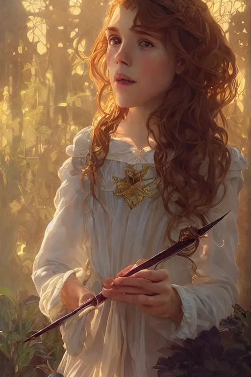 Image similar to beautiful cottagecore young hermione holding a magicwand. intricate, elegant. highly detailed, digital painting, artstation, concept art, smooth, sharp, focus, illustration. . art by artgerm and greg rutkowski and alphonse mucha