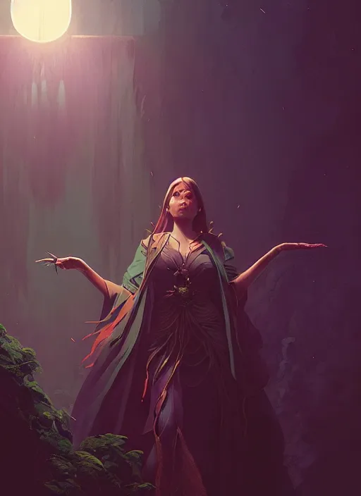 Prompt: highly detailed vfx portrait of a sorceress casting a spell of light and darkness, unreal engine, greg rutkowski, only, once, beeple, makoto shinkai and louis van baerle, ilya kuvshinov, rossdraws, tom bagshaw, alphonse mucha, global lighting, detailed and complex environment