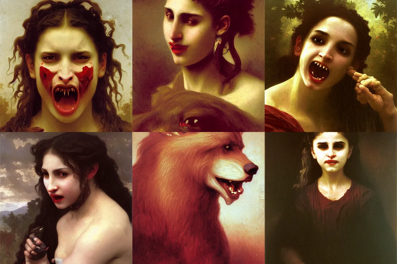 Prompt: A masterpiece head and shoulders portrait of a werewolf with fangs crying tears of red blood by William Adolphe Bouguereau