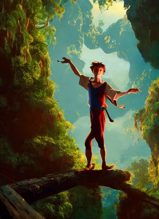 Image similar to skinny young tom holland as peter pan in neverland, dynamic lighting, path traced, atmospheric, highly detailed, high quality, beautiful painting, octane render, don bluth, ross tran, studio ghibli, alphonse mucha, jama jurabaev, extremely detailed, brush strokes, artstation, artgerm