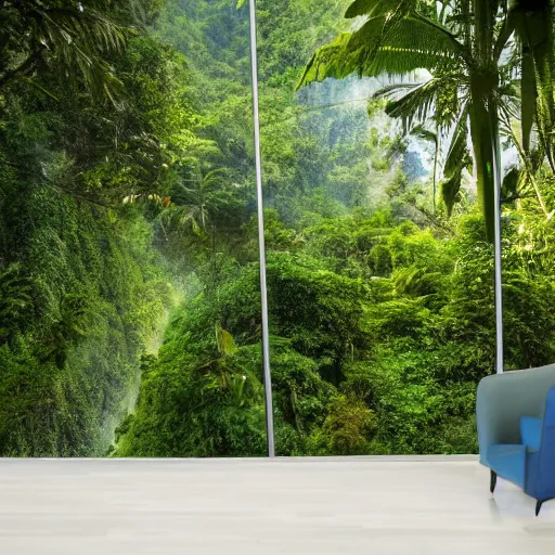 Image similar to extreme wide shot a futuristic containment building in a rainforest valley with a city in the distance, national geographic, hyper realistic, 4 k, harsh light