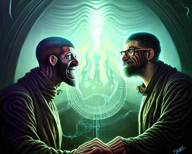 Image similar to lovecraft biopunk portrait of drake and bill gates, fractal background, by tomasz alen kopera and peter mohrbacher