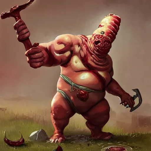 Image similar to a fat fleshy abomination butcher holding a cleaver and a hook hand, meats on the ground, in the style of greg rutkowski, fantasy rpg, league of legends