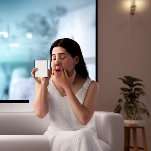 Prompt: a sad crying beautiful woman in a white dress watching netflix on a tv, holding a remote, 8 k, octane render, cgi