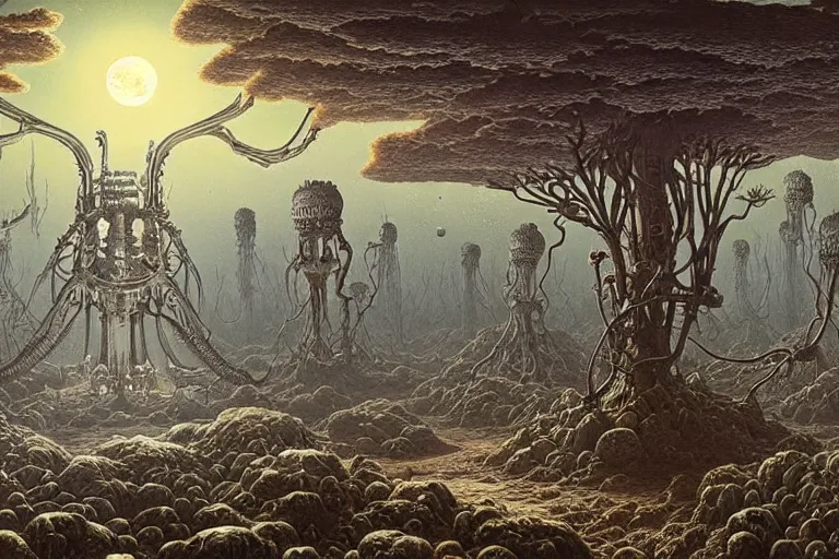 Image similar to a surreal and awe - inspiring science fiction landscape, full moon like skull, intricate, elegant, highly detailed matte painting by ernst haeckel and simon stalenhag