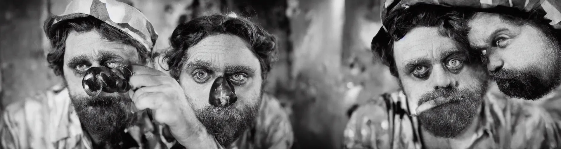 Image similar to a 35mm photograph of Zach Galifianakis as a sad clown in the 1930's, Canon 50mm, cinematic lighting, photography, retro, film, Kodachrome, closeup