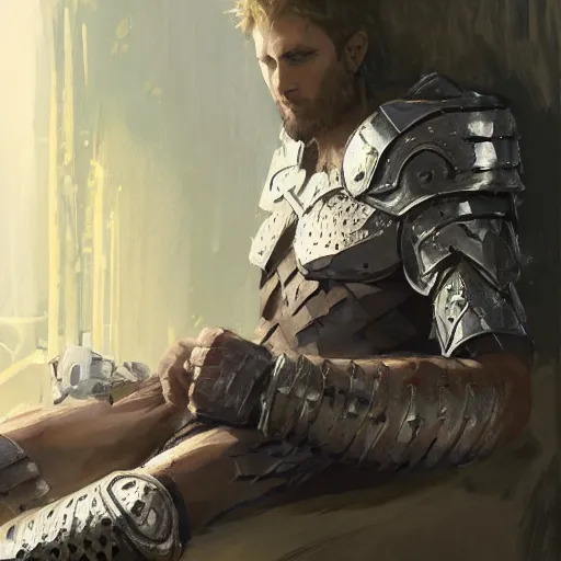 Image similar to 'A human male paladin in chainmail is resting after a fight, art by Greg Rutkowski, 4k'