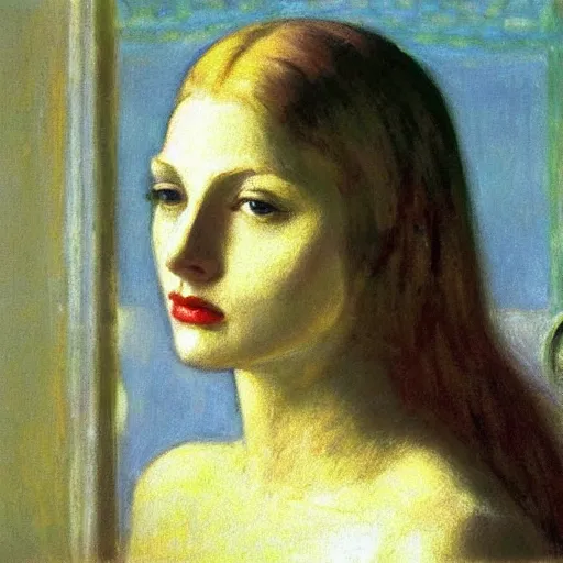 Prompt: a beautiful girl's face made of ivory and gold filigree, film still by edward hopper, by Bosch, by klimt, art noveau, highly detailed, strong lights, liminal, eerie, Bright pastel colors