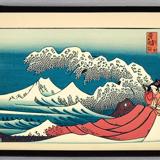 Prompt: ocean waves and fishing village, Ukiyo-e style by Katsushika Hokusai