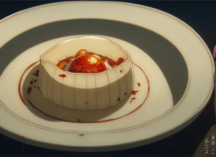 Image similar to a film still portrait of a bowl with raviolli, finely detailed features, closeup at the food, perfect art, at a dinner table, gapmoe yandere grimdark, trending on pixiv fanbox, painted by greg rutkowski makoto shinkai takashi takeuchi studio ghibli, akihiko yoshida