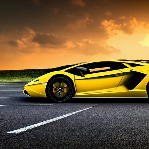 Prompt: super realistic supercar lamborghini on a road, 4k, 8k, hdr, full hd, high quality textures, high quality shadows, high quality lightning, intense world lightning, HDR, global illumination, post processed, hyperrealistic, photorealistic, photo realistic, realistic, detailed sky