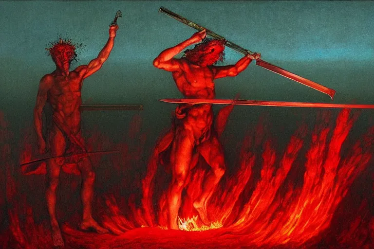 Image similar to only with red, a red melted apollo with a laurel wreath and a flaming sword announce the win, athens in the background, in the style of beksinski, part by hopper, part by rodcenko, part by hofbauer, intricate composition, red by caravaggio, insanely quality, highly detailed, masterpiece, red light, artstation