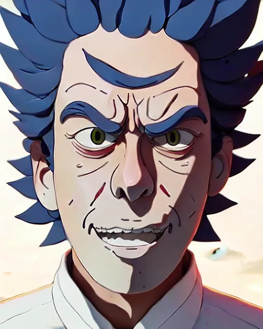 Prompt: rick sanchez, detailed perfect face, exquisite details, fire magic, mid view, design on a white background, by studio muti, greg rutkowski makoto shinkai takashi takeuchi studio ghibli