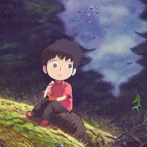 Image similar to friendly guy and small creature , with Fragile looking character portrait face made by Studio Ghibli highly detailed art, beautiful scene, sharp focus, smooth, 8k, anime art, wild, dark, fantasy, peaceful, colorful, detailed creature