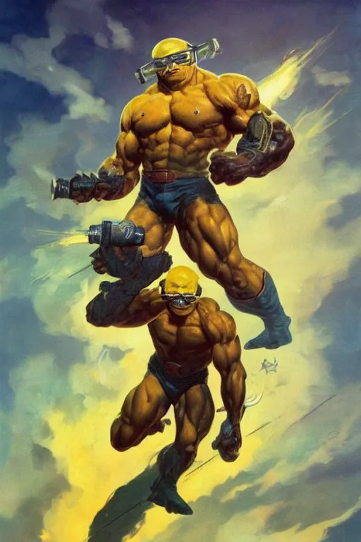 Prompt: anthropomorphic badass muscular lemon character wearing cool sunglasses flying through space, by Frank Frazetta, trending on artstation, highly detailed