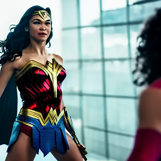 Image similar to Zendaya as wonder woman, EOS-1D, f/1.4, ISO 200, 1/160s, 8K, RAW, symmetrical balance, in-frame, Dolby Vision