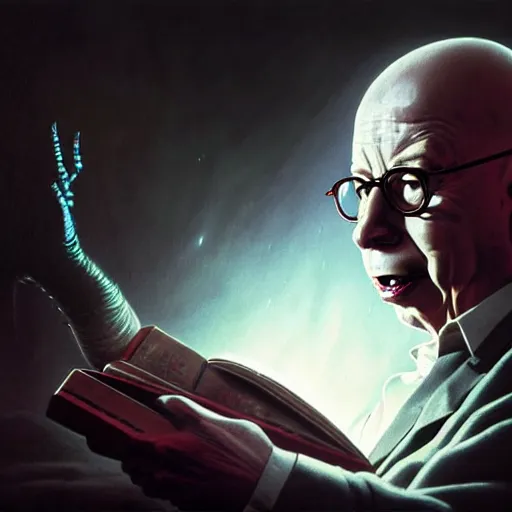 Image similar to uhd photorealistic dark scifi illustration of klaus schwab, reading necronomicon wearing bizarre voodoo makeup. cinematic lighting, in the style of akira toriyama, beksisnski, amano and karol bak, scifi, fantasy, hyperdetailed.