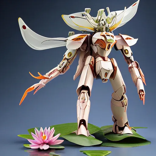 Prompt: futuristic nymphaea mecha waterlily upper body flower claws, sepals forming helmet, floral details, nymphaea, 8 k hd resolution, barbatos gundam with floral inlay, bandai box art, star wars, makoto kobayashi, frank gehry, raymond swanland