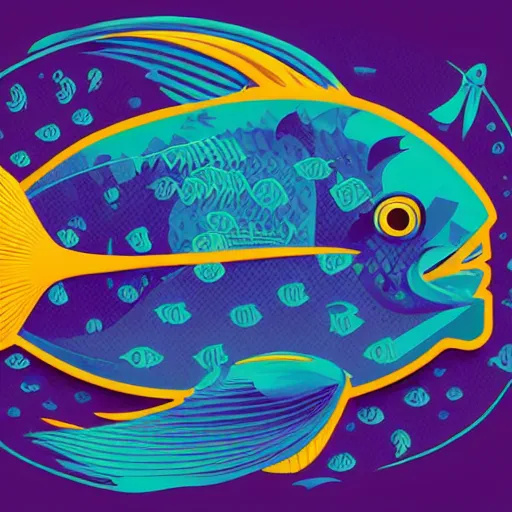 Image similar to profile of one stylized fish in center of view, dark ocean, complex patterns, artstation, intricate, realistic, highly detailed, digital painting, concept art, sharp focus, illustration by tom whalen and charles williams and kilian eng and james jean