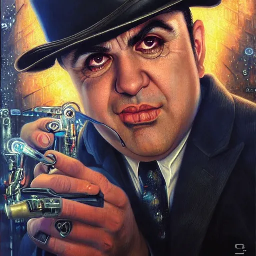 Prompt: uhd hyperrealistic photorealistic detailed image of al capone with sparking, busted, broken cybernetic implants and an heroic expression by ayami kojima amano karol bak, greg hildebrandt and mark brooks