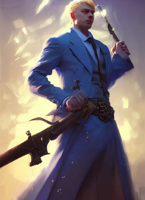 Prompt: blonde man in a blue suit with medals on it wielding a sword and pistol, fantasy, digital painting, d & d, character by artgerm and ruan jia, landscape by greg rutkowski, volumetric light, intricate, sharp, focus, bloom, illustration, highly detailed, concept art, masterpiece