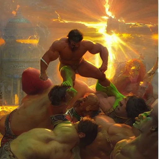 Image similar to the iron sheik breaking hulk hogan's back, radiant light, caustics, heroic, bright iridescent light, by gaston bussiere, bayard wu, greg rutkowski, maxim verehin, epic wrestling combat, legendary