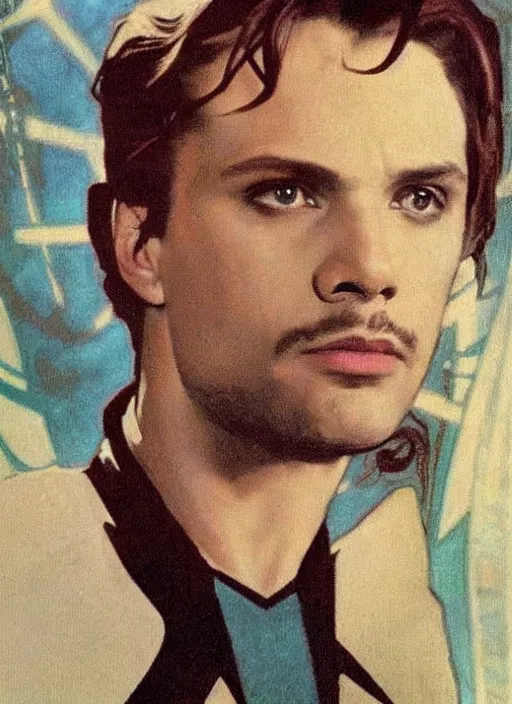 Prompt: sebastian stan as a star trek captain, a still from star trek painted by alphonse mucha. clear highly detailed face, beautiful sci fi art