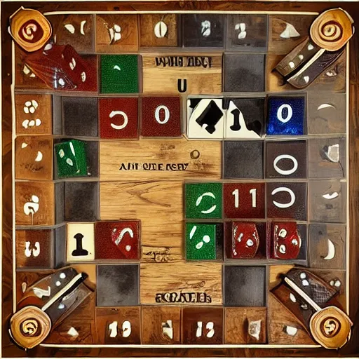 Image similar to game board made in wood, fantasy, with dice, epic, cinematic, thriller