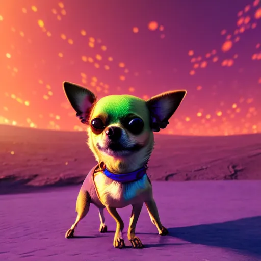 Image similar to a trippy chihuahua living in an extradimensional reality, in the style of wlop, illustration, epic, fantasy, hyper detailed, smooth, unreal engine, sharp focus, ray tracing, physically based rendering, renderman, beautiful