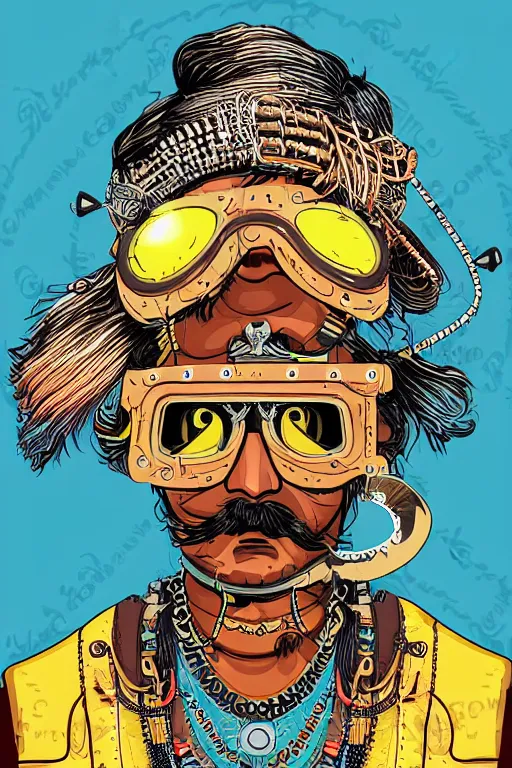 Image similar to face portrait of an indian man with long neon moustache rajasthani pagdi wearing madmax style steampunk goggles and steampunk jewelry, art by butcher billy, sticker, colorful, illustration, highly detailed, simple, smooth and clean vector curves, no jagged lines, vector art, smooth