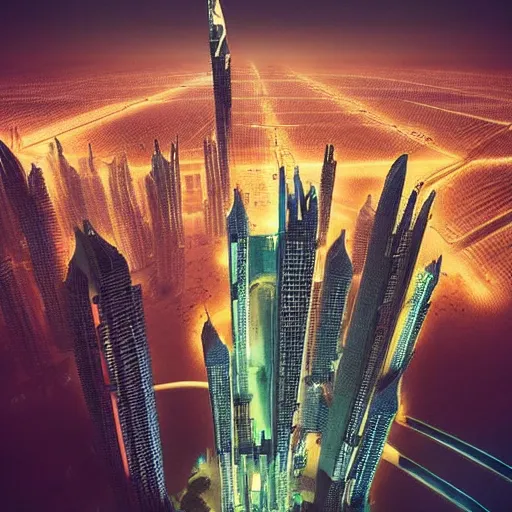 Image similar to a beautiful matte masterpiece of futuristic dubai at night by by atelier olschinsky and moebius, trending on artstation, featured on behance