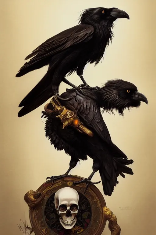 Image similar to painting of a two headed crow on a skull, decorated, intricate, elegant, highly detailed, digital painting, artstation, concept art, smooth, sharp focus, illustration, art by artgerm and greg rutkowski and alphonse mucha, 8 k