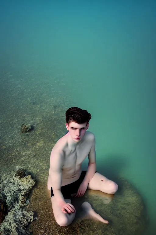 Image similar to high quality pastel coloured film mid angle docu photograph of a beautiful young 2 0 year old male, soft features, short black hair, swimming in an icelandic black rock pool environment. atmospheric. three point light. photographic. art directed. ( pastel colours ). volumetric light. clearcoat. waves glitch. 8 k. filmic.