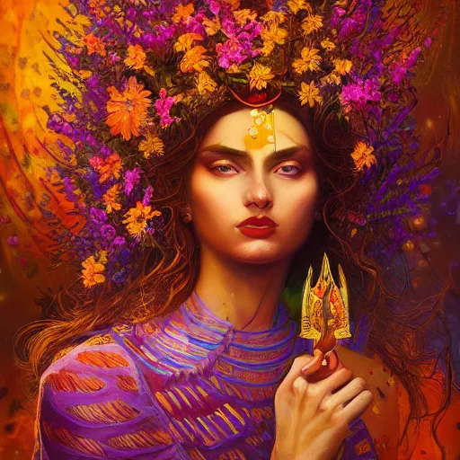 Prompt: a portrait oil painting of a singular beautiful female godess of spring with colorful flowers, holy geometry, tarot card style, by Mohrbacher and Moebius, cinematic lighting, masterpiece, golden ratio background, highly detailed, 8k resolution, trending on art station