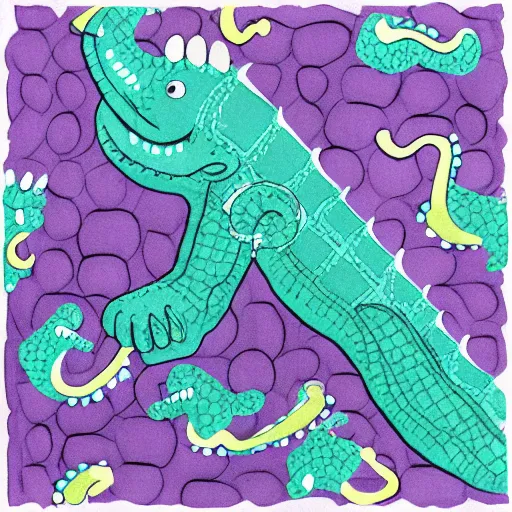 Prompt: alligator hugging purple elephant