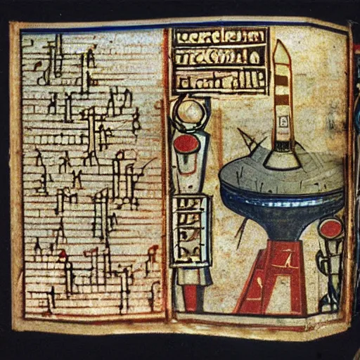 Image similar to bad drawedmix between a turborreactor and a rocket in a medieval manuscript, medieval manuscript, golden miniatures