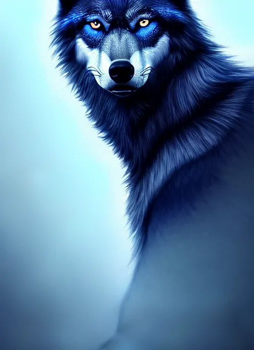 Image similar to dark blue wolf, red eyes highly detailed, deep focus, elegant, digital painting, smooth, sharp focus, illustration, ultra realistic, 8 k, art by wlop