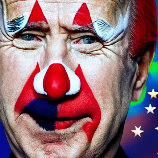Image similar to Joe Biden with clown make-up all over his face inside a circus, full body