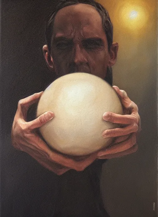 Image similar to a painting of a man holding a globe in his hands, a surrealist painting by Szymon Kot, deviantart, metaphysical painting, oil on canvas, surrealist, dystopian art,