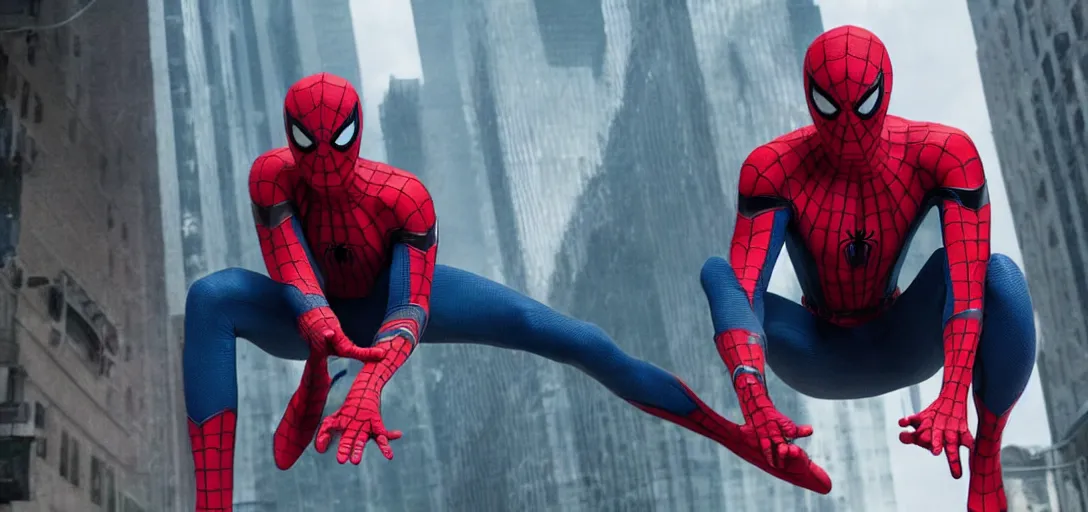 Image similar to Tom Hanks as Spider-Man, film still, wide-shot, full shot, cinematic lens, heroic portrait